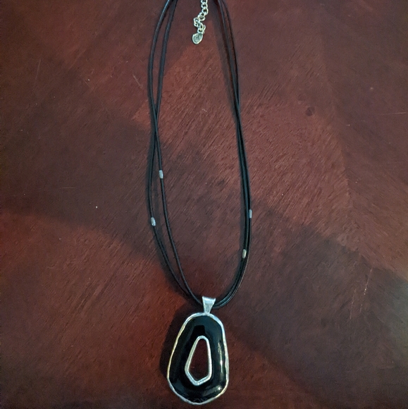 Double sided Onyx/Pyrite and sterling silver pendant on leather cord - Picture 1 of 5